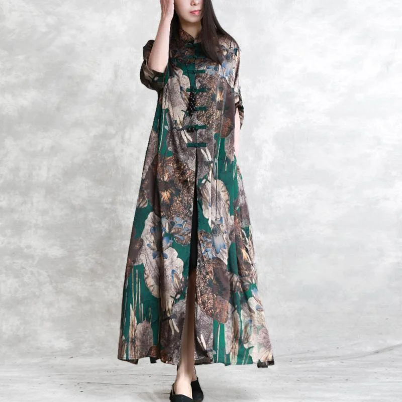 baggy green prints silk dresses plus size Chinese Button gown New side open shirt maxi dresses Chic Summer Maxi Dress