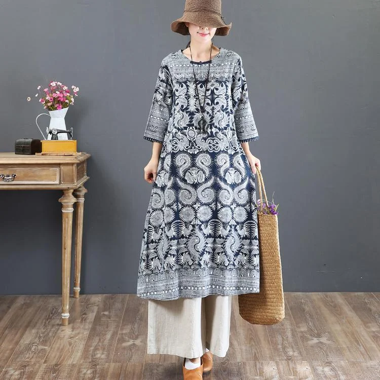 baggy prints long linen dress Loose fitting o neck linen gown maxi dresses Classic V-Neck Maxi Dress