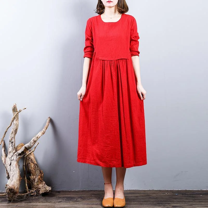 baggy red 2018 fall dress plus size clothing linen maxi dress o neck patchwork autumn dress Trendy A-Line Maxi Dress