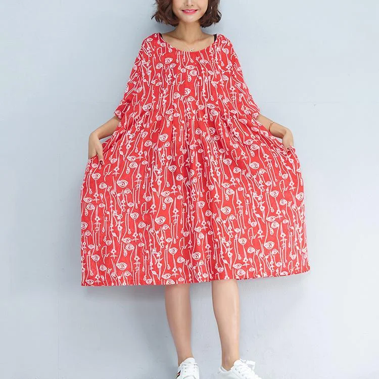 Baggy red prints Midi linen dresses plus size clothing linen maxi dress New asymmetric design short sleeve linen dress Trendy Short Sleeve Maxi Dress