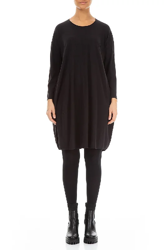 Balloon Black Cotton Midi Dress Classic Black Midi Dress