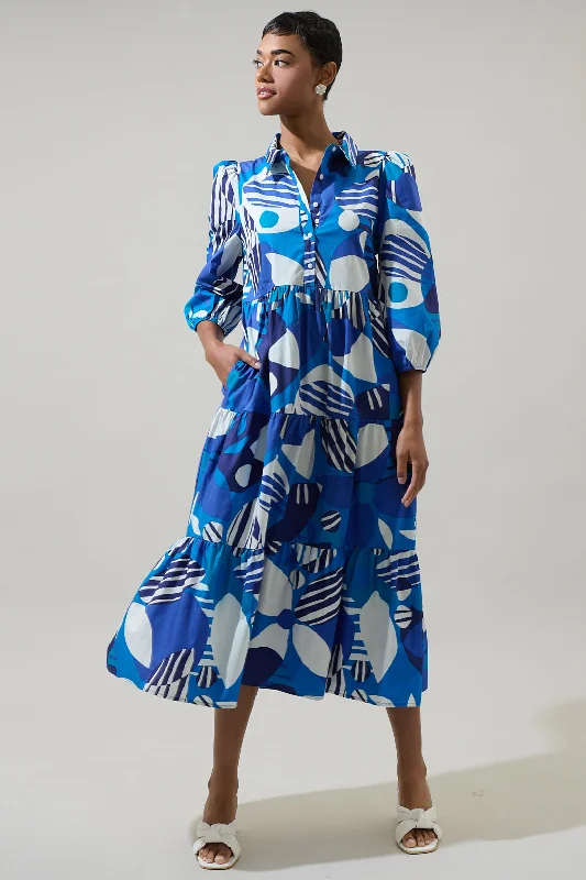 Beatty Geometric Button Up Midi Dress Stylish Cold Shoulder Midi Dress