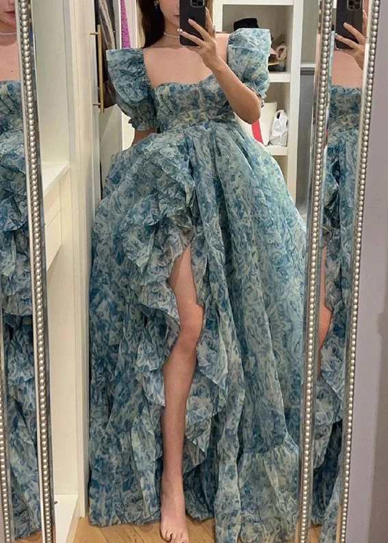 Beautiful Blue Print Ruffled Side Open Chiffon Maxi Dresses Summer XX041 Trendy Off-Shoulder Ruffle Maxi Dress