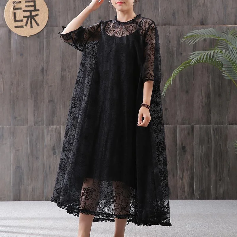 Beautiful cotton tunic pattern Mom Solid Color Lace Embroidery Loose Maxi Dress Trendy Maxi Dress with Straps