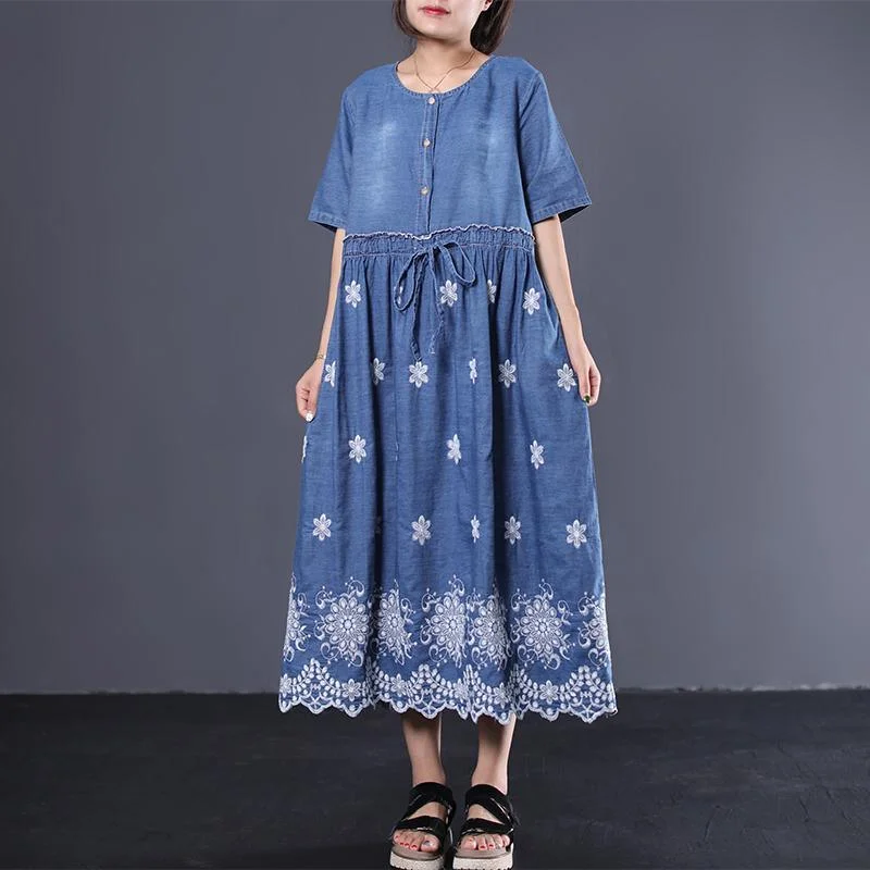 Beautiful embroidery cotton quilting dresses pattern blue  Maxi Dress summer Comfortable Plunging Neckline Maxi Dress