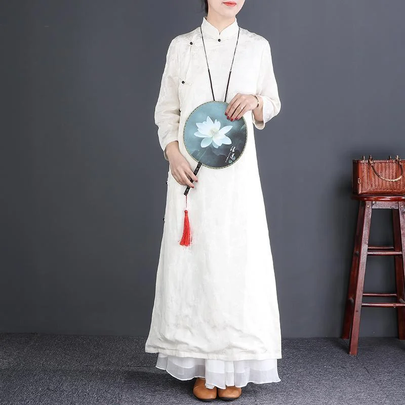 Beautiful stand collar Button Down silk linen dress Korea Work white Maxi Dresses Cozy Open-Back Maxi Dress