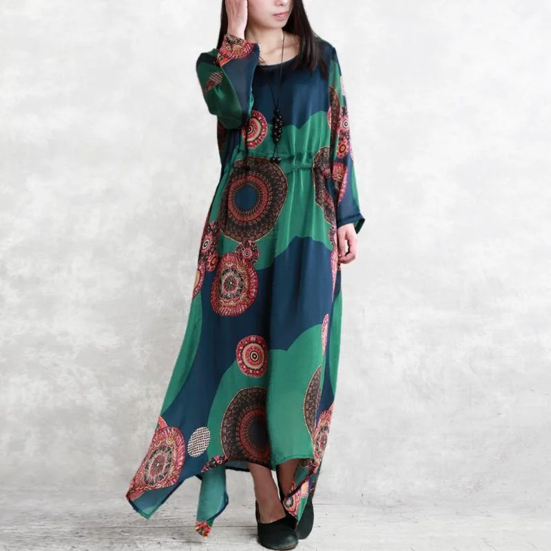 Beautiful Tie Waist Silk Clothes For Women Blue Green Prints Maxi Dress Summer Trendy Printed Maxi Dress