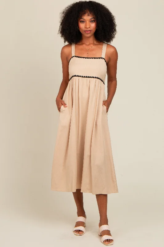 Beige Contrast Trim Midi Dress Comfortable Fit-and-Flare Midi Dress