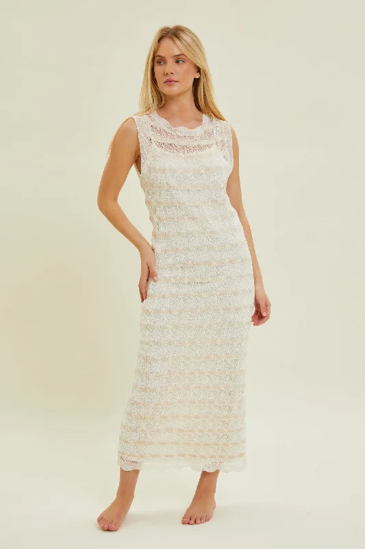 Beige Crochet Knit Sleeveless Midi Dress Trendy Tiered Hem Midi Dress