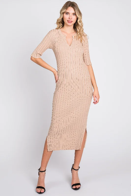 Beige Ribbed Knit Midi Dress Fashionable One-Shoulder Midi Dress