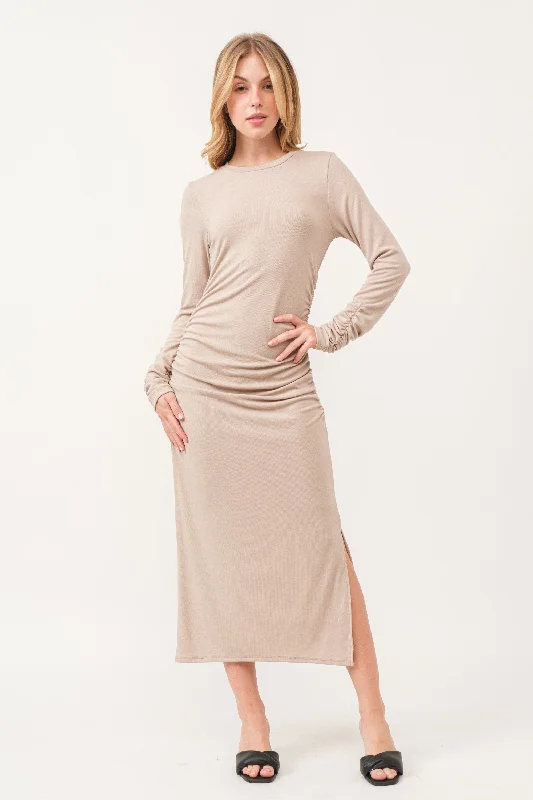 Beige Ruched Long Sleeve Midi Dress Fashionable Pencil Midi Dress