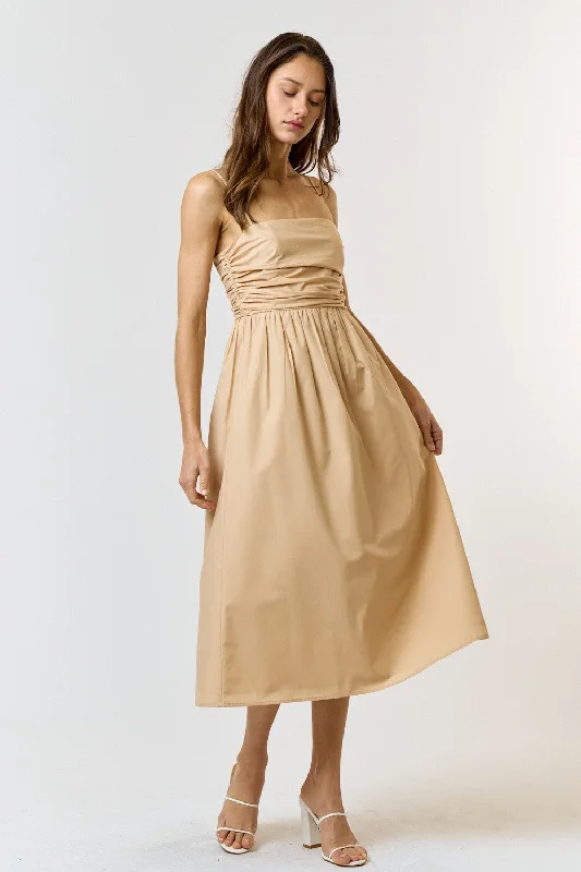 Beige Ruched Midi Dress Stylish Satin Midi Dress