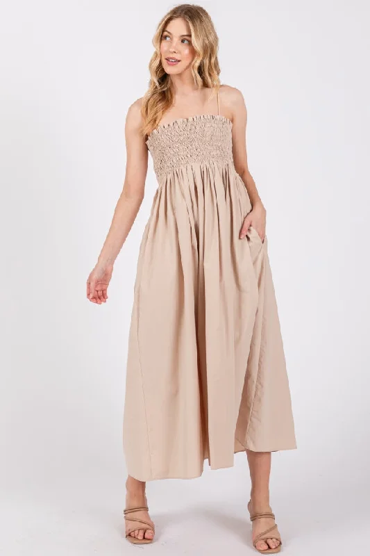 Beige Smocked Pocketed Midi Dress Fashionable Pleated Midi Dress