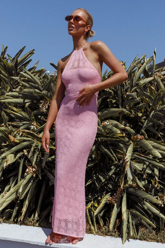 Bermuda Shores Crochet Maxi Dress Pink Comfortable Fit-and-Flare Maxi Dress