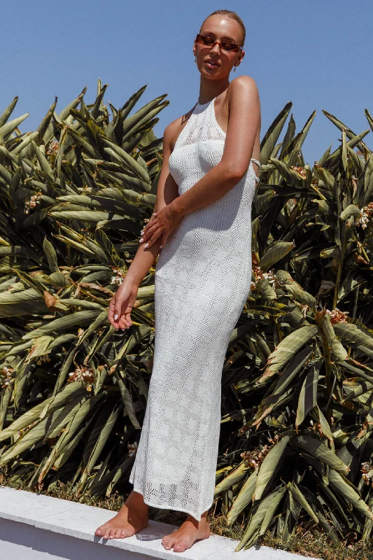 Bermuda Shores Crochet Maxi Dress White Comfortable Plunging Neckline Maxi Dress