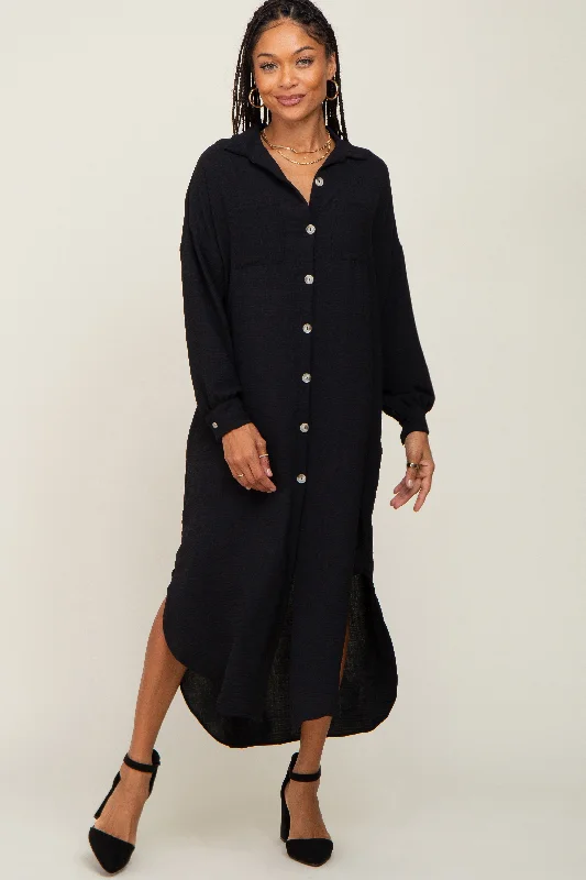 Black Button Down Front Pocket Midi Dress Trendy Smocked Detail Midi Dress