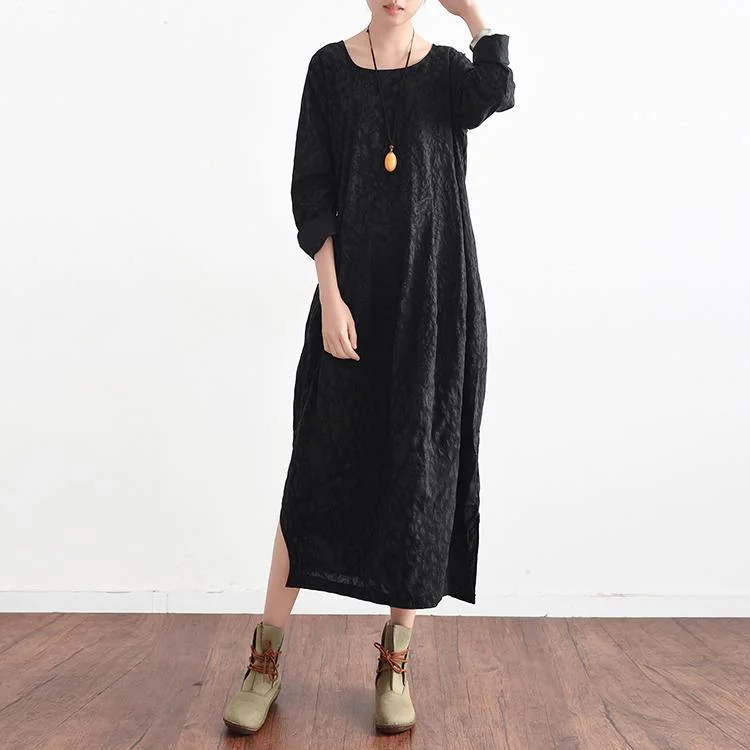 black cotton dresses long maxi dress  long sleeved gown unique side open Stylish Longline Maxi Dress