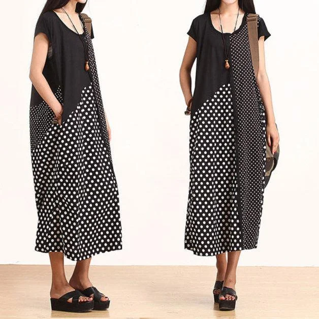 black dotted cotton summer maxi dress oversize sundress Trendy Off-Shoulder Ruffle Maxi Dress