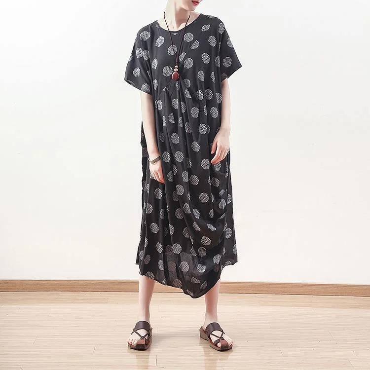 black dotted linen maxi dress plus size draping casual dreess top quality o neck kaftans Trendy Short Sleeve Maxi Dress