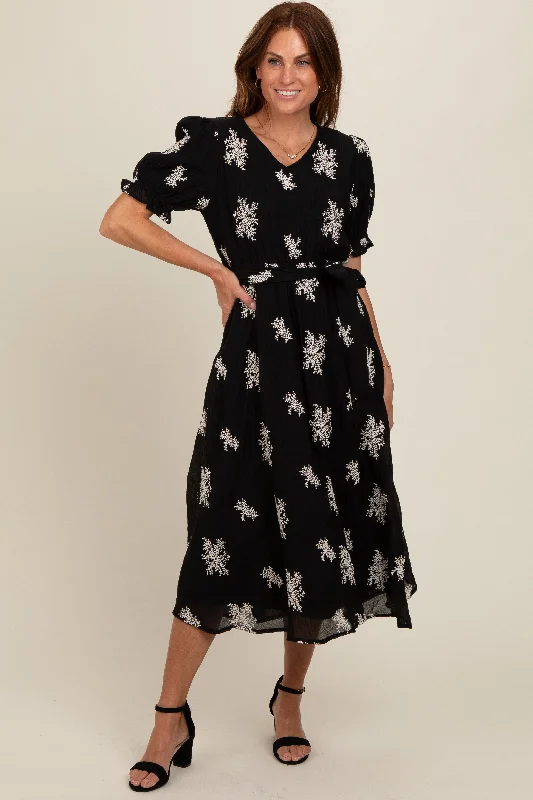 Black Embroidered Sash Tie Midi Dress Fashionable High-Low Midi Dress