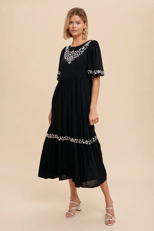 Black Embroidered V-Back Ruffle Midi Dress Stylish Halter Neck Midi Dress