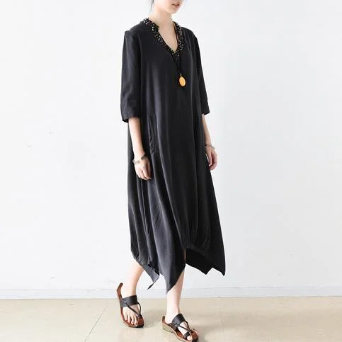 black embroidery casual silk dresses oversize vintage half sleeve maxi dress Comfortable T-Shirt Maxi Dress