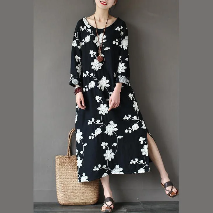 black embroidery cotton casual caftans plus size vintage long sleeve maxi dress side open Fashionable Chiffon Maxi Dress