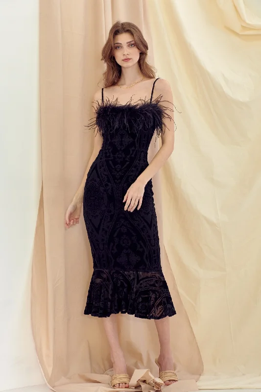 Black Feather Trim Crushed Velvet Mermaid Midi Dress Stylish Satin Midi Dress