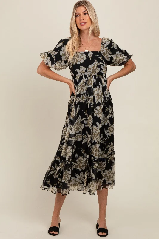 Black Floral Chiffon Ruffle Hem Midi Dress Trendy Off-Shoulder Ruffle Midi Dress