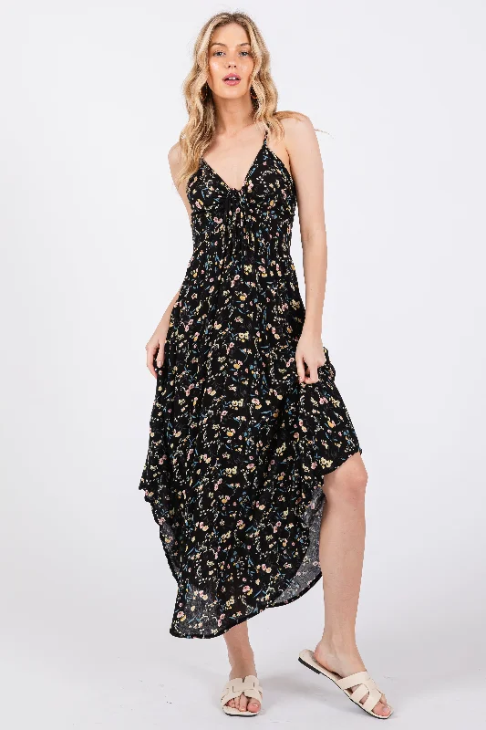 Black Floral Cinched Tie Bust Midi Dress Comfortable Knitwear Midi Dress