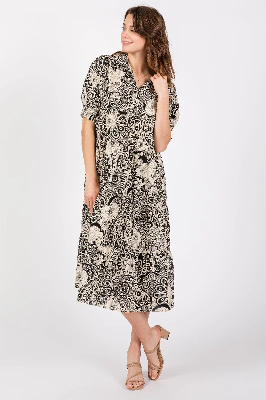 Black Floral Collared Tiered Midi Dress Fashionable A-Line Midi Dress