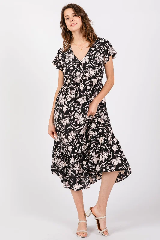 Black Floral Flutter Sleeve Midi Dress Trendy Off-Shoulder Button Midi Dress