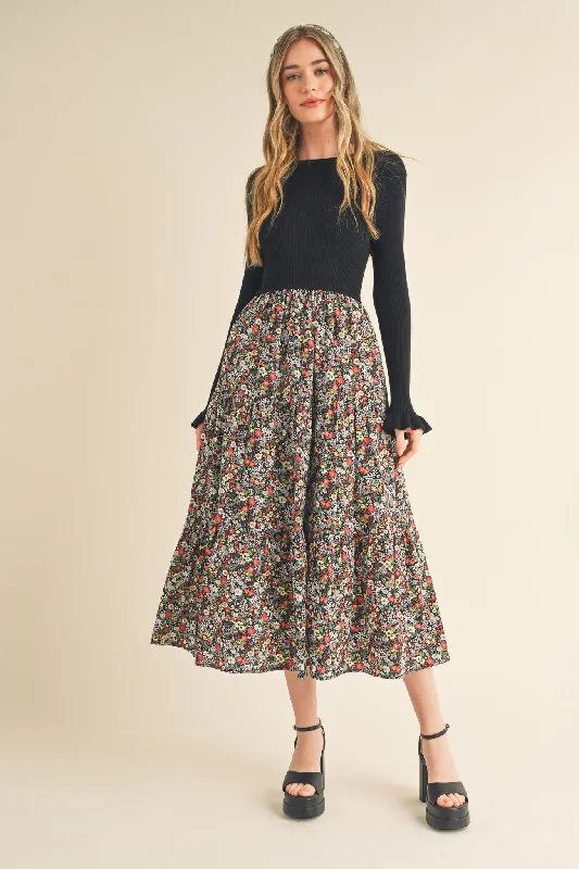 Black Floral Knit Midi Dress With Contrast Woven Skirt Cozy A-Line Midi Dress