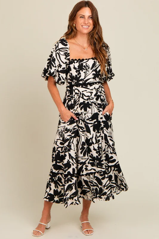 Black Floral Scallop Trim Midi Dress Fashionable Shift Midi Dress