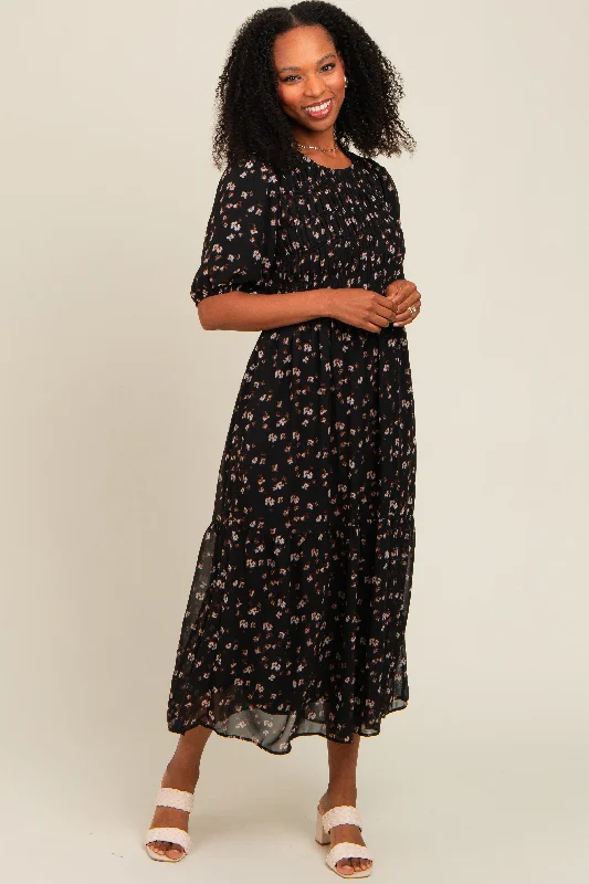 Black Floral Smocked Sash Tie Midi Dress Stylish High-Waisted Midi Dress