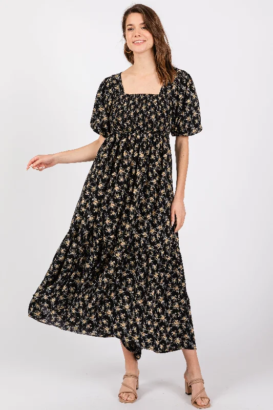 Black Floral Smocked Square Neck Short Puff Sleeve Midi Dress Comfortable Geometric Print Midi Dress