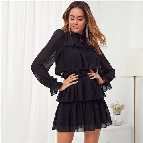 FashionSierra - Black Frill Tie Neck Ruffle Trim Layered Mesh Party Mini Dress Women Autumn Stand Collar Shift Ladies Elegant Dresses Comfortable Off-Shoulder Mini Dress