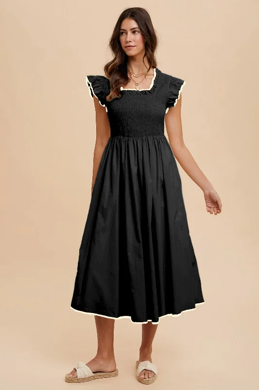 Black Ivory Contrast Binding Detail Smocking Midi Dress Fashionable High-Neck Midi Dress