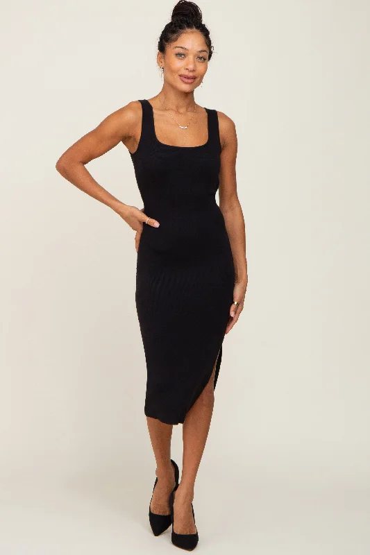 Black Knit Fitted Midi Dress Trendy A-Line Midi Dress