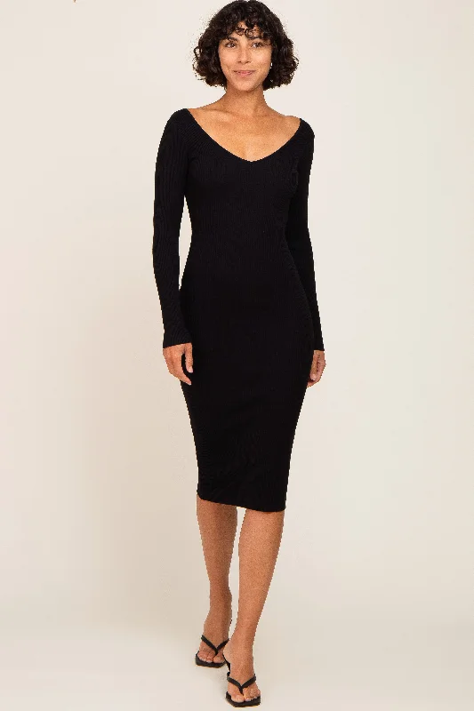 Black Knit Ribbed Midi Dress Stylish Vintage Midi Dress