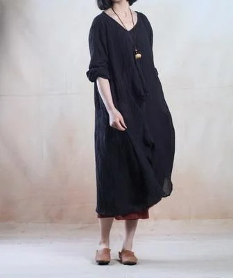 black linen caftan spring maxi dress casual gown holiday dress Elegant Maxi Dress with Pockets