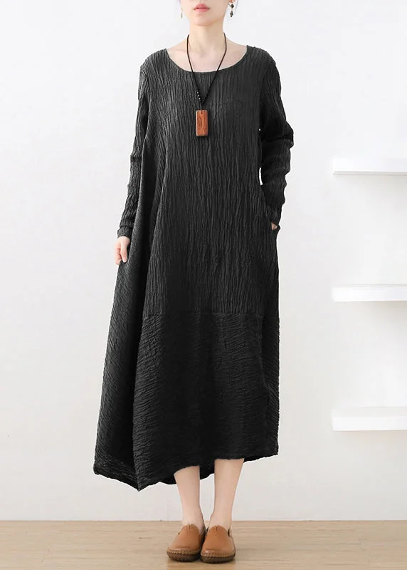 Black Pockets Wrinkled Cotton Maxi Dresses Long Sleeve Fashionable Open-Back Maxi Dress