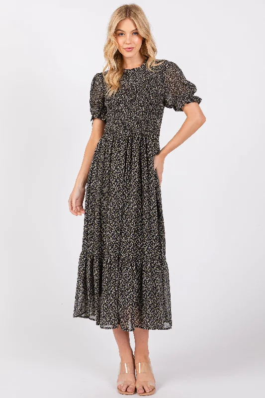 Black Printed Smocked Midi Dress Elegant Lace Trim Midi Dress