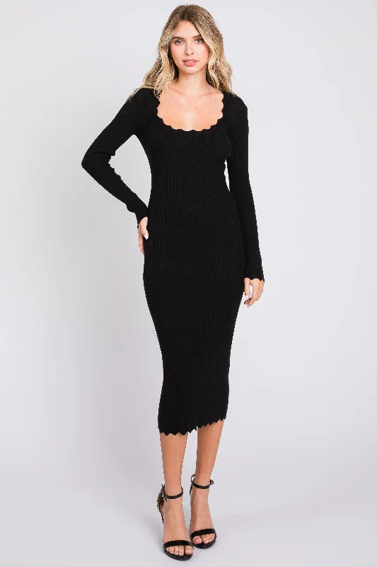 Black Ribbed Scallop Hem Long Sleeve Midi Dress Comfortable Knitwear Midi Dress