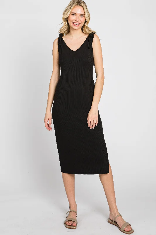 Black Ribbed Shoulder Tie Midi Dress Trendy Mock Neck Midi Dress