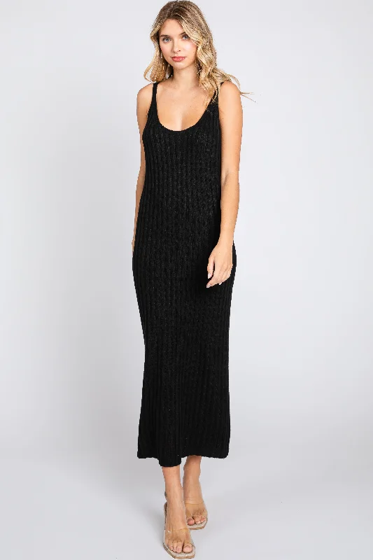 Black Ribbed Sleeveless Midi Dress Fashionable Casual Midi Dress