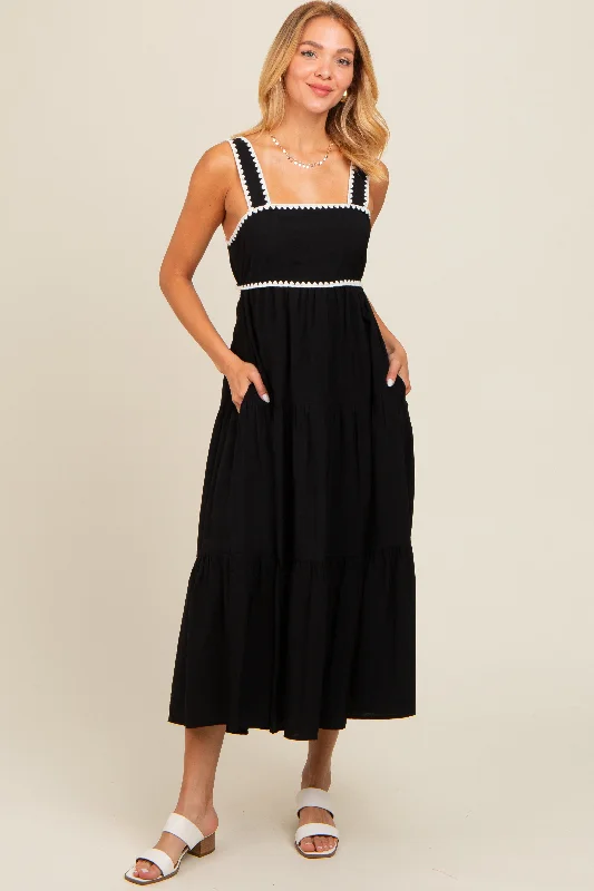 Black Scallop Trim Tiered Midi Dress Stylish Midi Dress with Cuffs