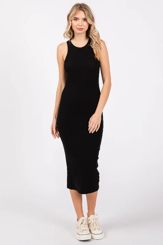 Black Sleeveless Ribbed Fitted Midi Dress Comfortable Draped Midi Dress