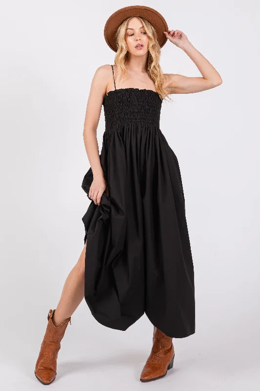 Black Smocked Pocketed Midi Dress Trendy Off-Shoulder Button Midi Dress