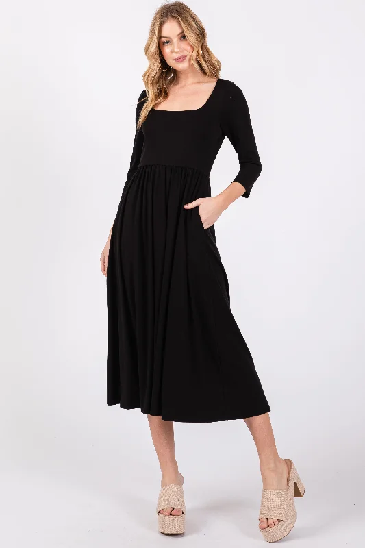 Black Square Neck 3/4 Sleeve Midi Dress Stylish Off-Shoulder Ruffle Dress